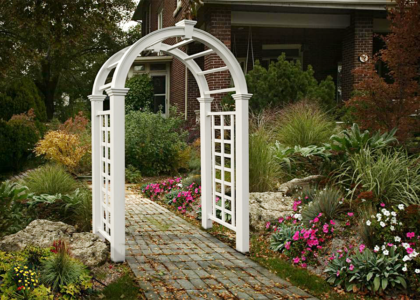 maintenance free vinyl arbor,  walkway, entrance, landscape,